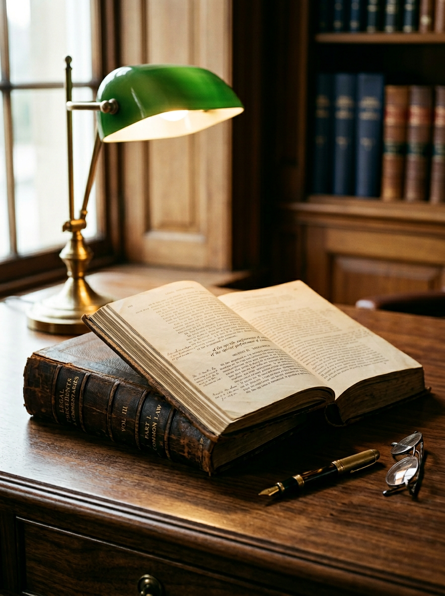 An open antique legal volume on a walnut desk, lit by a brass banker's lamp.