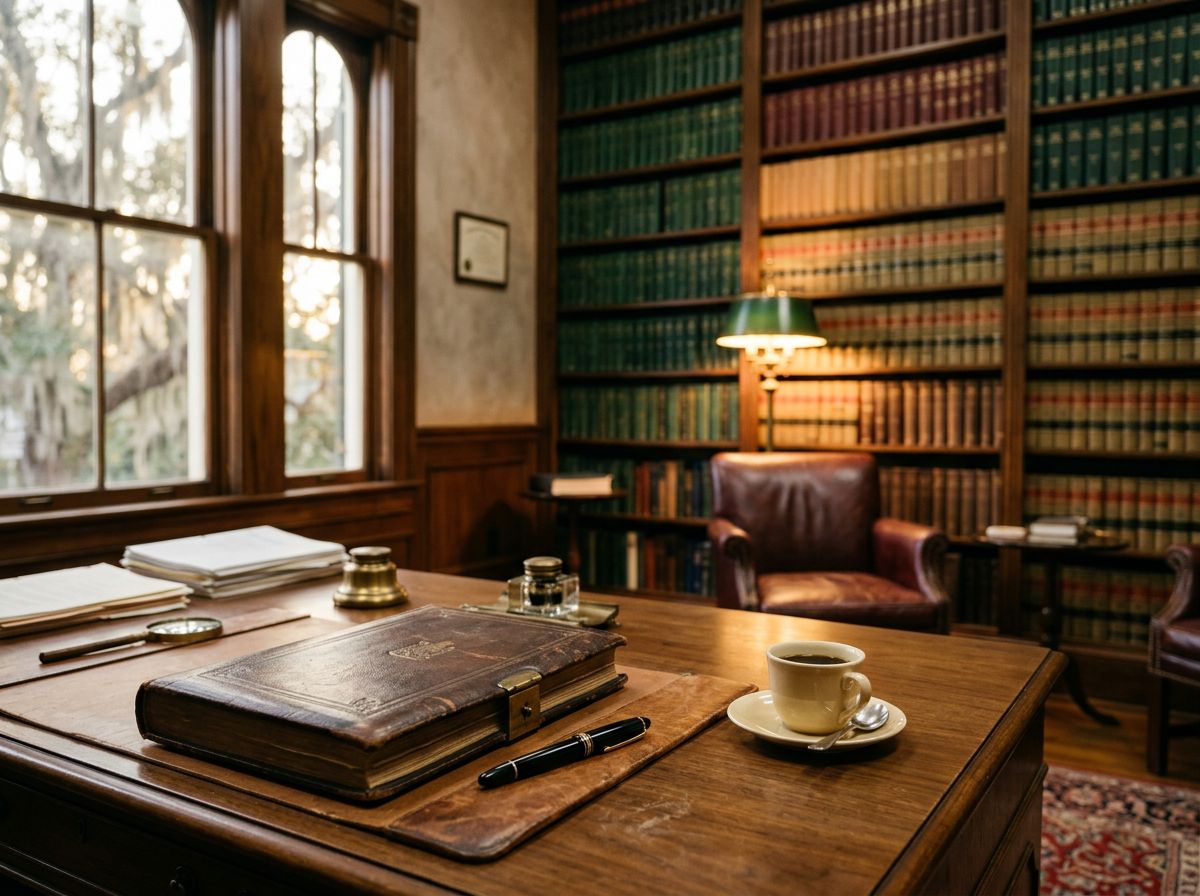A walnut desk with a leather-bound legal binder, a fountain pen, and a porcelain cup of coffee, set against a wall of clothbound law books in a Louisiana study with Spanish moss visible through the window.