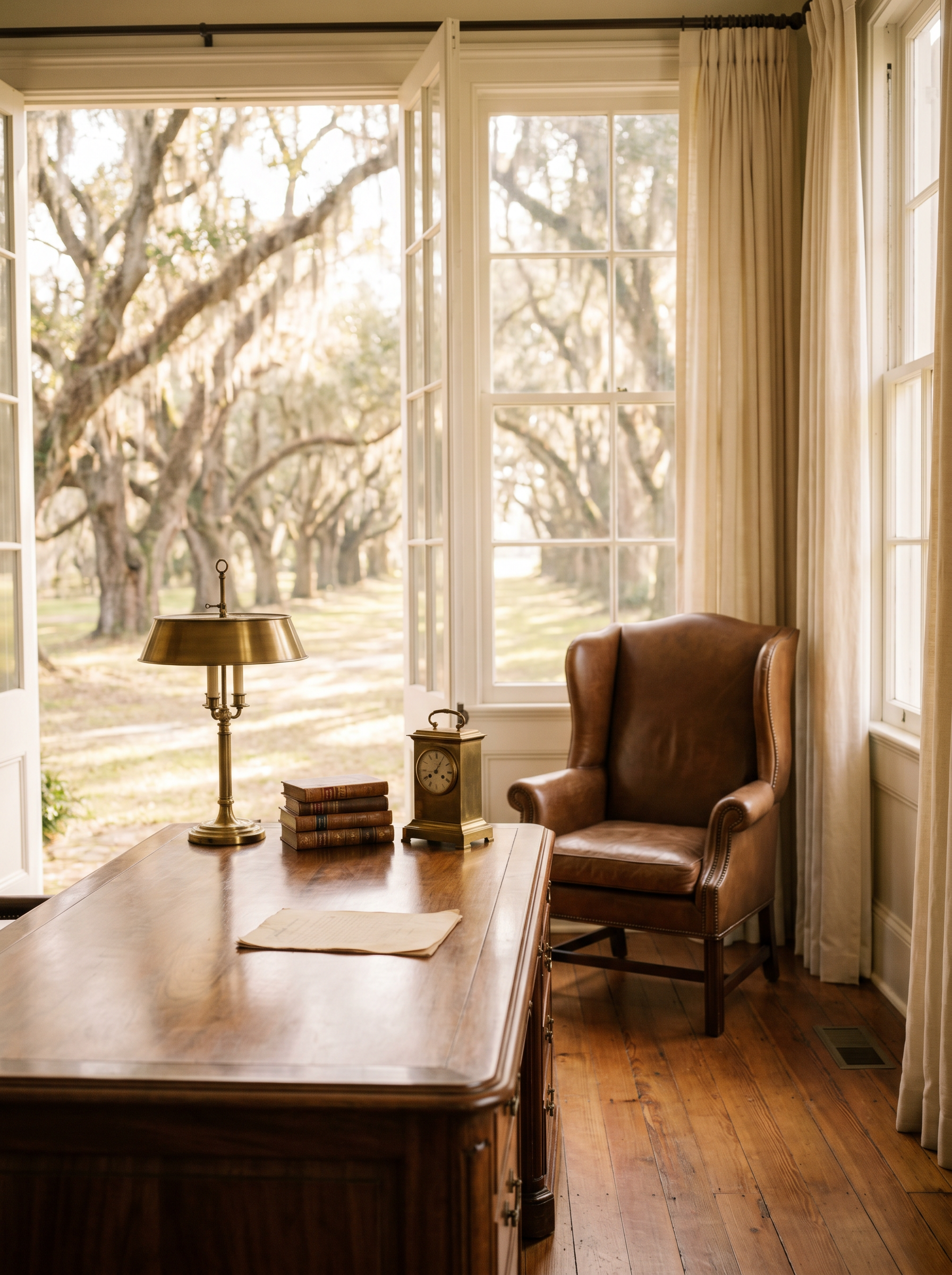 A walnut desk with a brass lamp, leather wingback chair, and tall French paned doors looking out onto an allée of live oak trees draped in Spanish moss.
